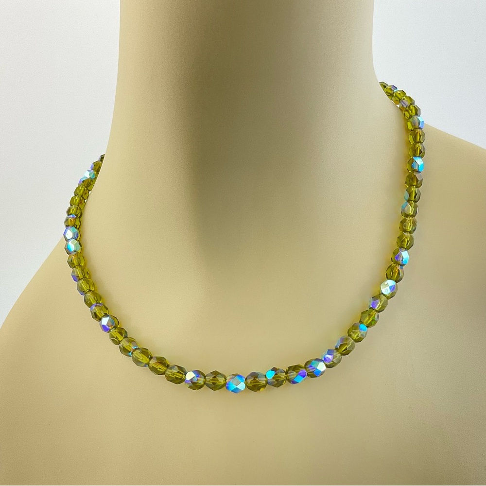Aurora Borealis Crystal Necklace, Handmade, Olive Green, Dainty,  17" L